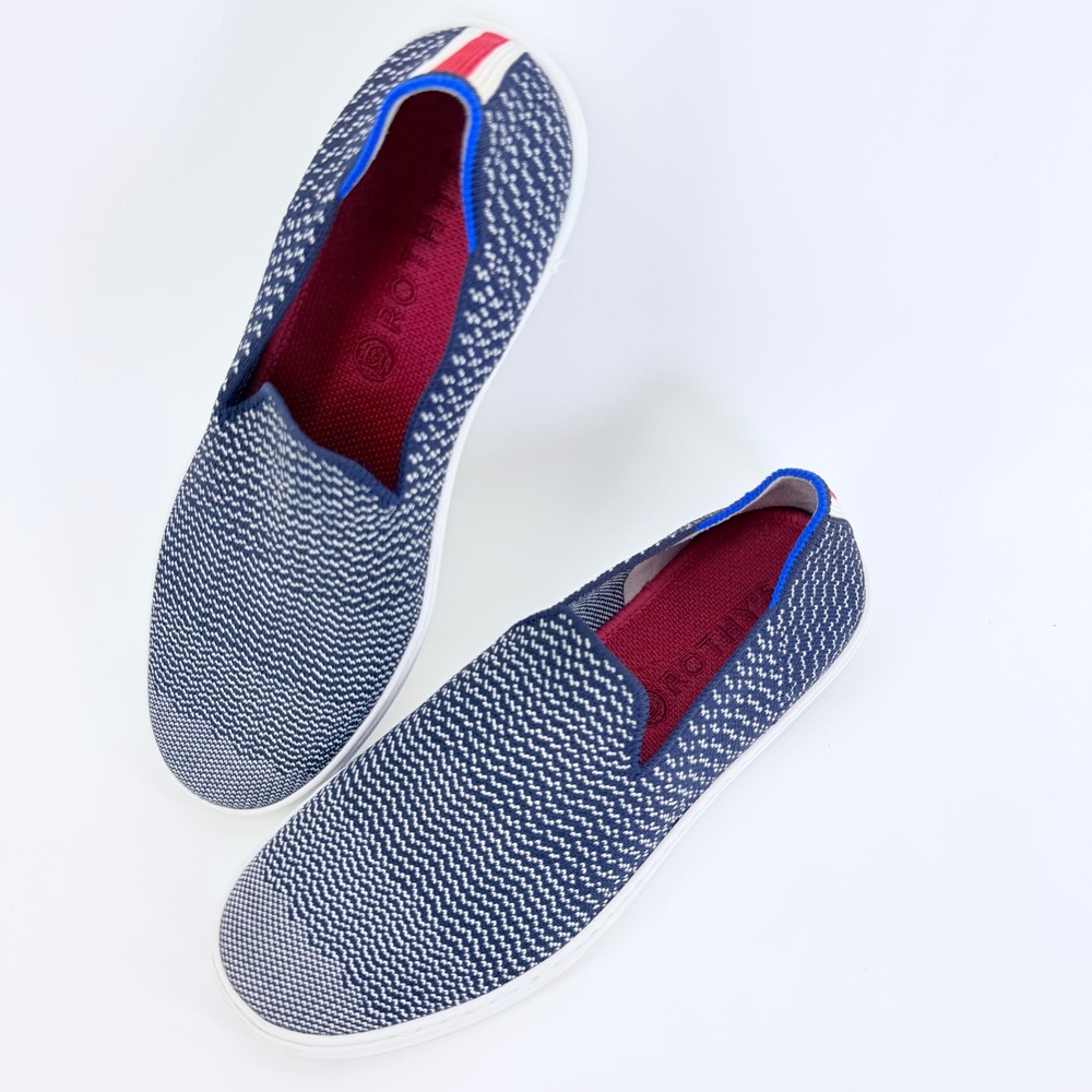 Rothy's Slip-On Sneaker Navy Blue White Red Heel Stripe Retired Style Size 8.5
